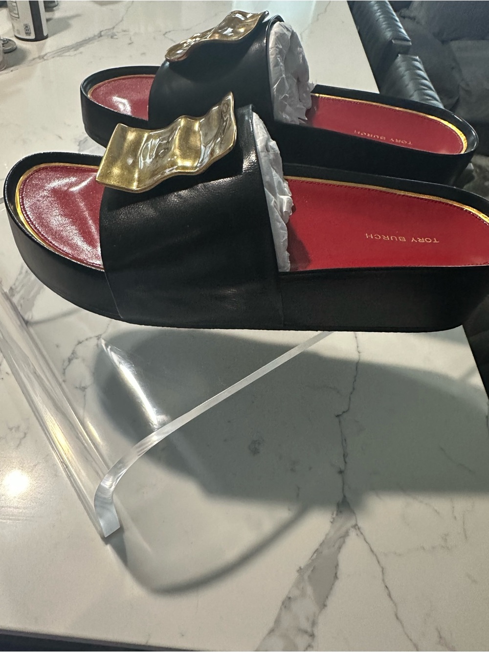 Tory Burch Black Slide Sandals with Gold Plaques and Red Insoles Size 10.5 - Picture 4 of 9
